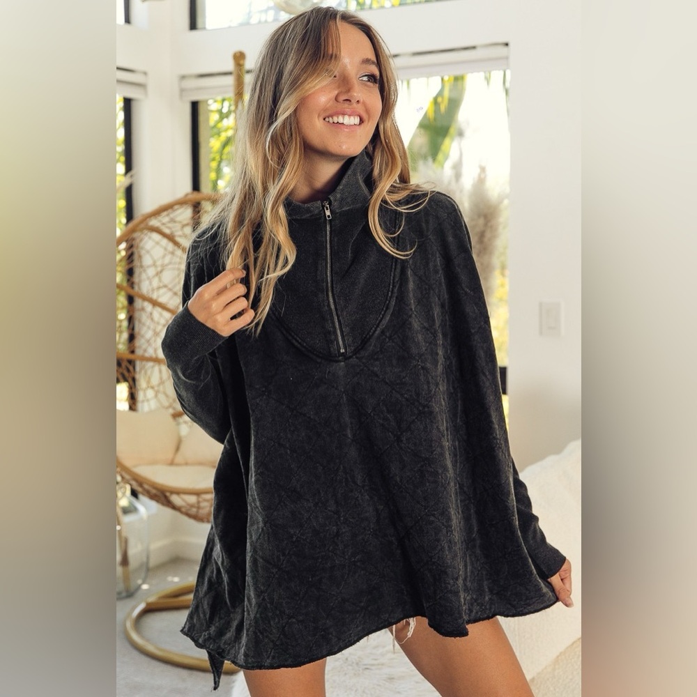 BiBi Vintage Washed Quilted Half Zip Top Oversized Pullover🛍️